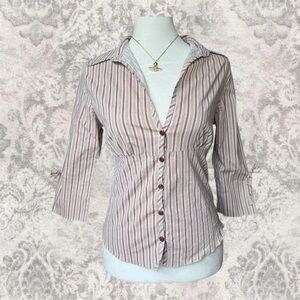 Pin Striped Button-Up Y2K Red Chic Classic Fitted Vintage Women’s Large Blouse